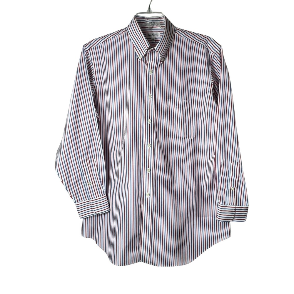 Paul Fredrick Mens Striped Easy Care Pinpoint Cotton Dress Shirt 16.5-34 Red Blu